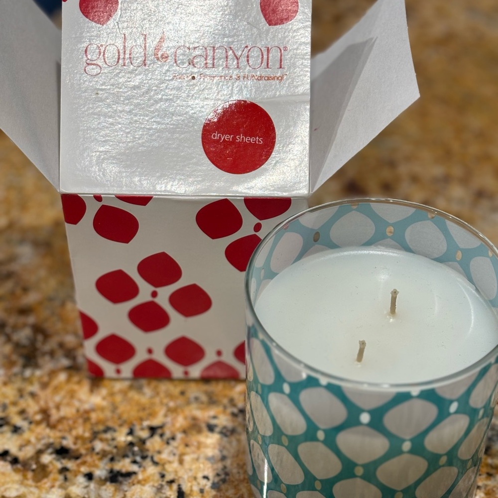 Gold Canyon Two-Wick Candle in Teal and White Patterned Glass